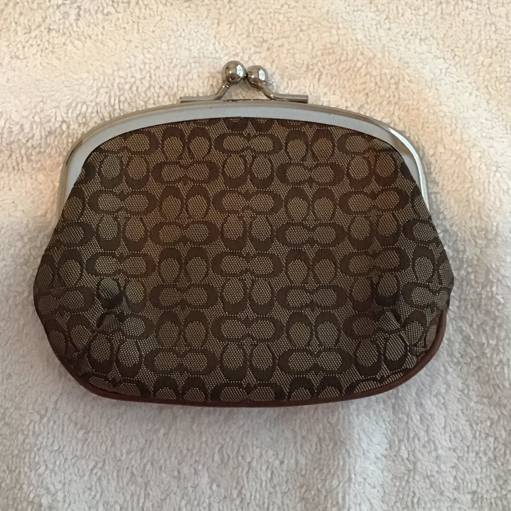 VINTAGE COACH Kisslock Coin Pouch Wallet Tan Dark Brown Leather With Silver - Picture 2 of 3